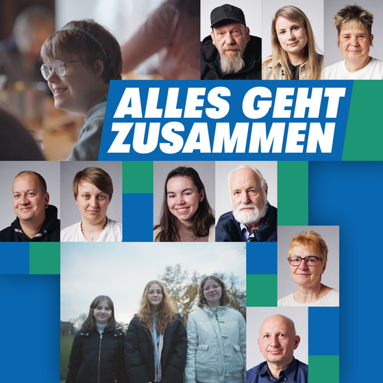 Die Collage zeigt die Gesichter von Menschen, die im VdK ehrenamtlich aktiv sind, sowie das Logo Alles geht zusammen