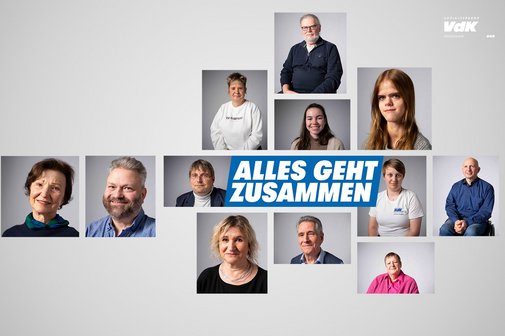 Die Collage zeigt Portraitfotos von Ehrenamtlichen im VdK und das Logo der Aktion Alles geht zusammen.