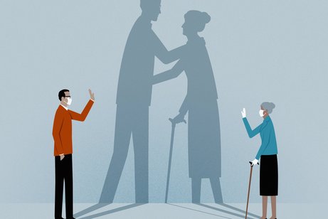 Die Grafik zeigt Mutter und Sohn, die weit auseinander stehen. An der Wand hinter ihnen sieht man ihre Schatten, die nah und zugewandt sind. Sie tragen bei Atemschutzmasken.
