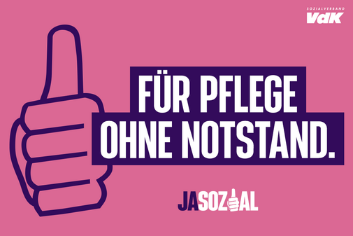 Motiv der VdK-Aktion Jasozial: Grafik in rosa und lila. Zu sehen ist eine Hand, die das "Daumen hoch"-Zeichen macht, und der Schriftzug "Für Pflege ohne Notstand"