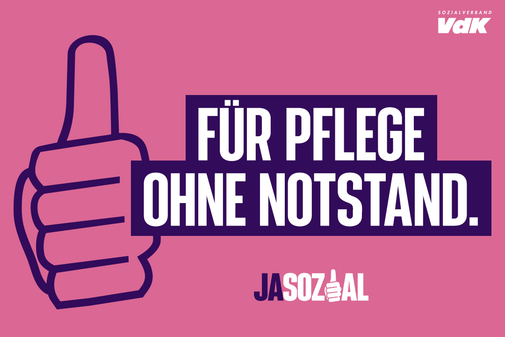 Jasozial - für Pflege ohne Notstand Motiv der VdK-Aktion Jasozial: Grafik in rosa und lila. Zu sehen ist eine Hand, die das "Daumen hoch"-Zeichen macht, und der Schriftzug "Für Pflege ohne Notstand"