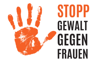 Die Grafik zeigt einen orangenen Handabdruck sowie den Text "Stopp Gewalt gegen Frauen"