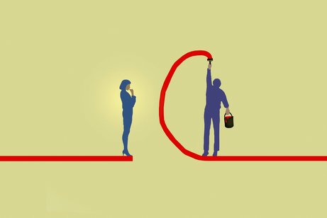 Grafik: Ein Mann im Anzug und mit Aktentasche malt mit einem Pinsel mit roter Farbe eine rote Linie, um eine Frau auszuschließen, die ebenfalls ein Business-Kostüm trägt. 