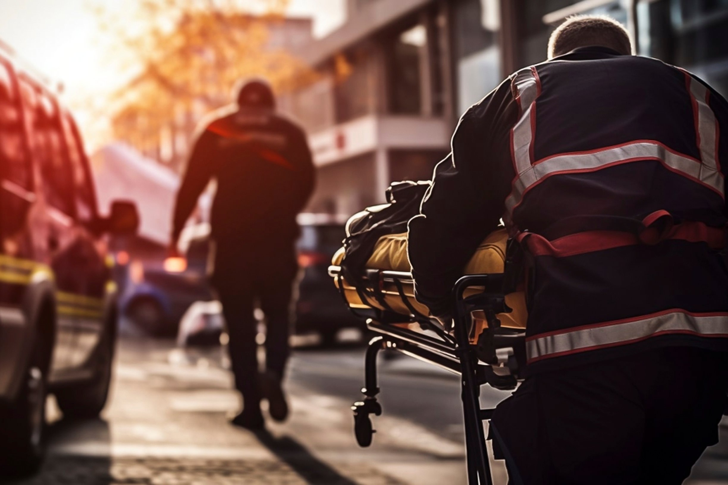 Sanit&auml;ter transportiert ein Unfallopfer auf einer Trage, im Hintergrund ein Krankenwagen.