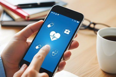 Eine Hand h&auml;lt ein Smartphone, auf der medizinische Symbole angezeigt werden.