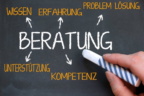 Mit Kreide in der Hand auf eine Tafel geschrieben: Beratung, Wissen, Erfahrung, Problemlösung, Unterstützung und Kompetenz.