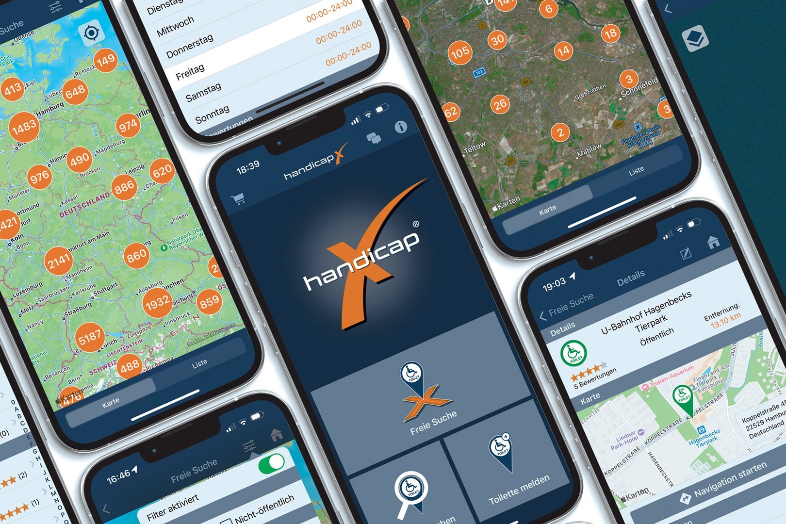Das Schaubild zeigt mehrere Smartphones mit unterschiedlichen Ansichten der HandicapX App.