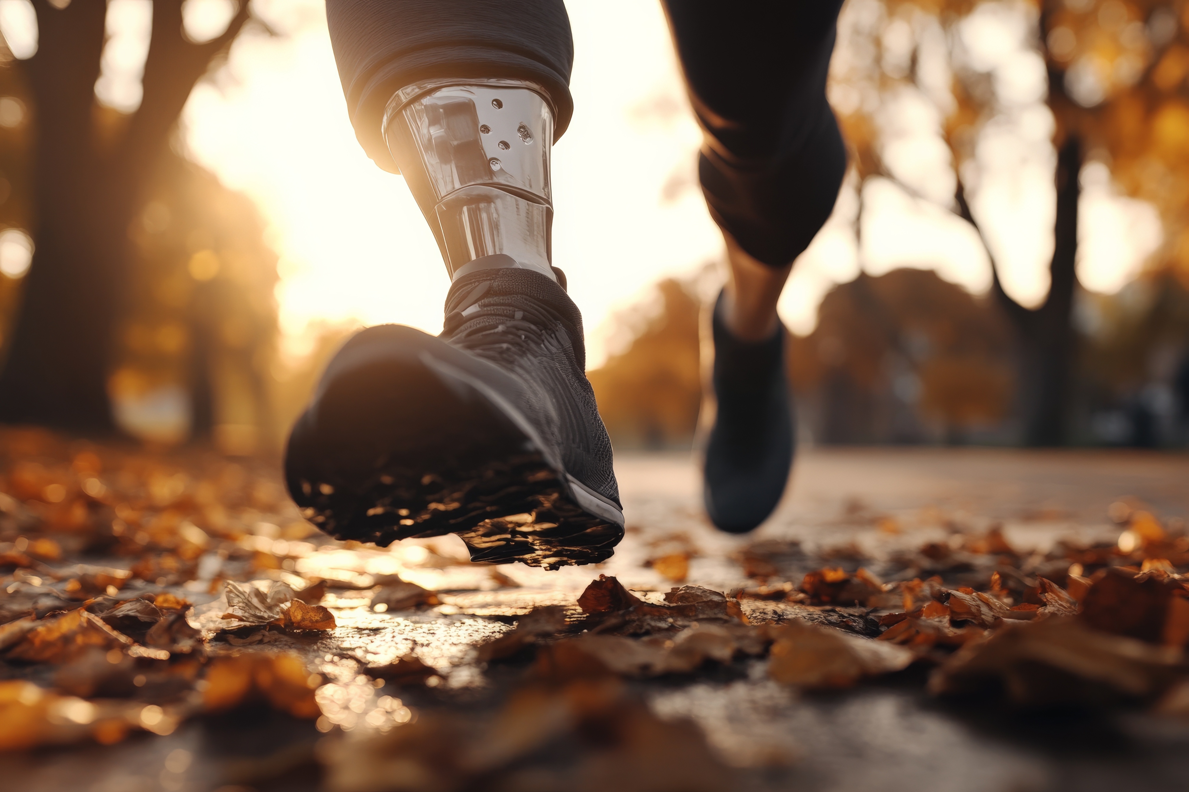 Ein Jogger mit Prothesen läuft auf einem mit Blättern bedeckten Weg.