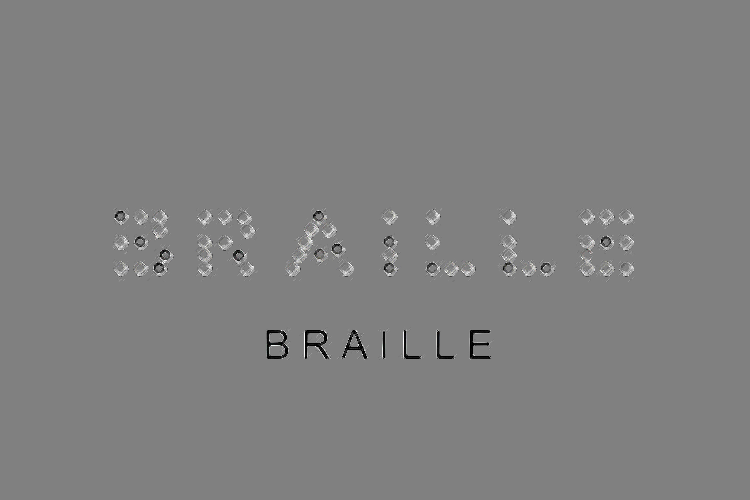 Illustration des Braille-Alphabets mit erhabenen Punkten auf wei&szlig;em Hintergrund f&uuml;r blinde- und sehbehinderte Menschen. 